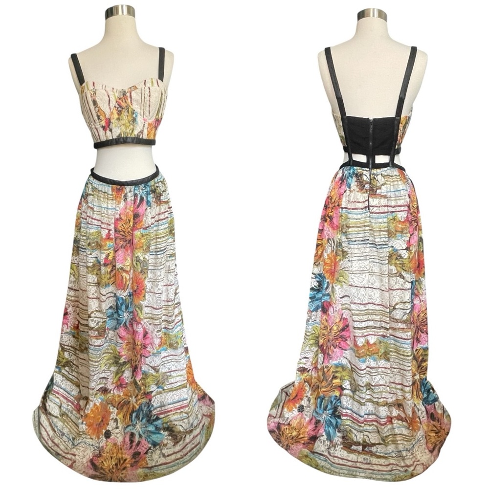 Alice + Olivia “Sveva” Floral Lace Bustier Cut-out Maxi Dress W/Leather Straps 8 - Picture 4 of 16